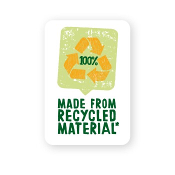 Etikett mit der Aufschrift "100% AUS RECYCLTEM MATERIAL*" mit einem grünen Recycling-Symbol auf einem hellgrünen Hintergrund.