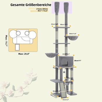 Grauer mehrstufiger Kratzbaum mit Maßen und Gesamtgrößenbereich von 216-285 cm (85,1"-112,2") dargestellt.