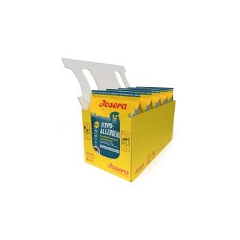 Gelbe Box mit Josera hypoallergenem Hundefutter, blaue Etikett sagt "Adult HYPO-ALLERGEN," "Getreidefrei," 4,5 kg Gewicht.