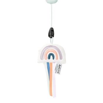 Un jouet pour animaux de compagnie coloré avec un design arc-en-ciel aux couleurs pastel et des rubans suspendus en dessous, étiqueté "Anitone."