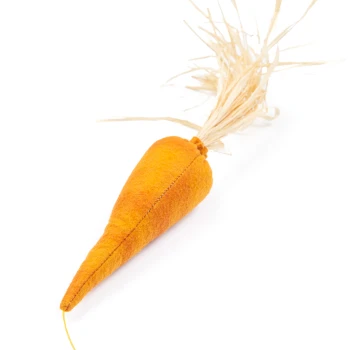 Ein plüschiges orangefarbenes Karotten-Spielzeug mit einer strukturierten Oberfläche und einem strohähnlichen grünen Oberteil, entworfen für Haustiere.
