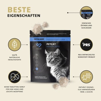 Petcare Petcat Health 3503 Pulverergänzung für Katzen, mit einer grauen Katze auf der Verpackung, mit Text, der natürliche Zutaten und einfache Anwendung hervorhebt.