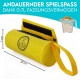 Gelbe Haustierspielzeugtasche mit Logo, 18 cm x 7 cm, Klettverschluss, Griff, beschriftet mit "ANDAUERNDER SPIELSPASS DANK 0.7L FASSUNGSVERMÖGEN."