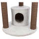 Katzenbaum mit einer plüschigen, runden Plattform und einem gemütlichen Versteck, mit zwei sisalumwickelten Kratzpfosten.