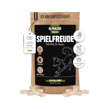 Eine Tüte ALPHAZOO Care "SPIELFREUDE" Tabletten für Hunde, mit Text, der Agilität, lokale Produktion und natürliche Zutaten hervorhebt.
