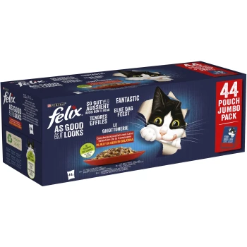 Multipack So gut wie es aussieht Geschmacksvielfalt vom Land in Gelee 44x85g Eine Jumbo-Packung Felix Katzenfutter mit einer verspielten schwarz-weißen Katze, die hindurchschaut, mit 44 Beuteln, die mit "So gut wie es aussieht" beschriftet sind.