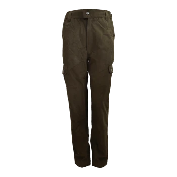 Braune Cargohose mit Knopfverschluss und seitlichen Klappentaschen, auf weißem Hintergrund dargestellt.