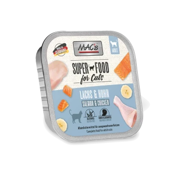 MAC's Super Food für Katzen Lachs & Huhn glutenfreies, fleischreiches Alleinfutter für erwachsene Katzen, hergestellt in Deutschland.