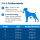 Größentabelle für Hundehalsbänder und Brustmessungen, mit einer Silhouette eines Hundes und Anweisungen zum Messen des Hals- und Brustumfangs.