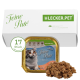 Katzenfutterverpackung mit "Feine Paté" und einem Katzenbild, 100g Portion, und dem Text "Reich an Lachs," der auf Lachs-Geschmack hinweist. 17 Stück.
