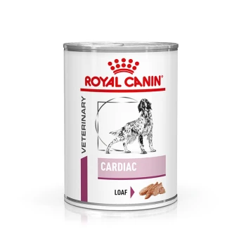 Royal Canin Veterinary Cardiac Hundefutterdose, mit einer Laibtextur, mit einer Silhouette eines Hundes und einem roten Kronenlogo.