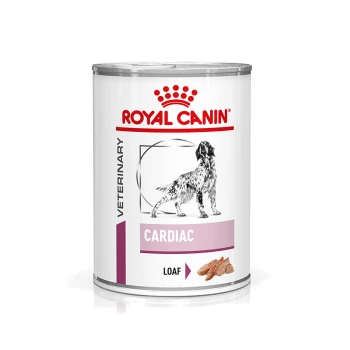 Royal Canin Veterinary Cardiac Hundefutterdose, mit einer Laibtextur, mit einer Silhouette eines Hundes und einem roten Kronenlogo.