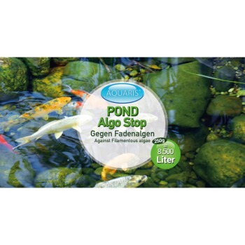 AQUARIS POND Algo Stop Verpackung, mit einer ruhigen Teichszene mit bunten Fischen und Steinen, behauptet, fadenförmige Algen zu bekämpfen.