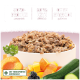 Schüssel mit Haustierfutter, das eine getreidefreie, mono-protein Formel mit 60% Ente enthält, umgeben von frischem Gemüse und Obst.