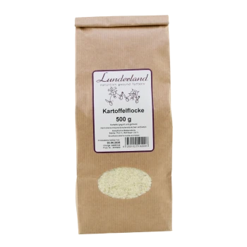 Braune Papiertüte mit der Aufschrift „Lunderland Kartoffelflocke 500 g“, ovales Sichtfenster zeigt blasse Kartoffelflocken.