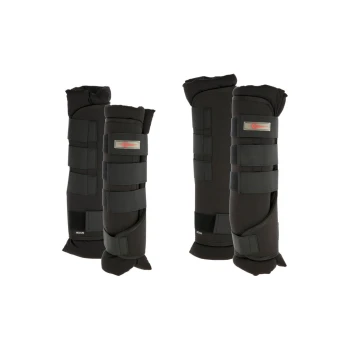 Schwarze Beinschützer für Haustiere mit verstellbaren Riemen, entworfen für Schutz und Unterstützung, mit der Bezeichnung "Medium."