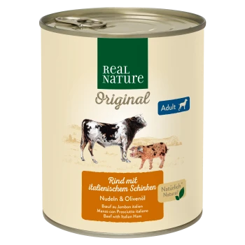 Dose Hundefutter mit der Aufschrift 'Real Nature Original', das Rindfleisch mit italienischem Schinken, Pasta und Olivenöl enthält; mehrsprachige Beschreibungen sind enthalten.