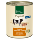Dose Hundefutter mit der Aufschrift 'Real Nature Original', das Rindfleisch mit italienischem Schinken, Pasta und Olivenöl enthält; mehrsprachige Beschreibungen sind enthalten.