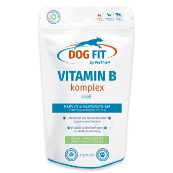 Weißer Beutel 'DOG FIT VITAMIN B komplex small', Nahrungsergänzung, 'NERVEN & NERVENSYSTEM' und 'VEGAN – OHNE ZUSÄTZE'.
