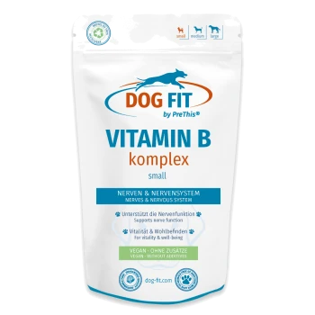 Weißer Beutel 'DOG FIT VITAMIN B komplex small', Nahrungsergänzung, 'NERVEN & NERVENSYSTEM' und 'VEGAN – OHNE ZUSÄTZE'.