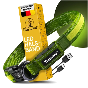 Grünes LED-Hundehalsband von Tierhood mit USB-Ladekabel, mit schwarzem Schnallenverschluss und Logo, angezeigt mit Farboptionen darunter.