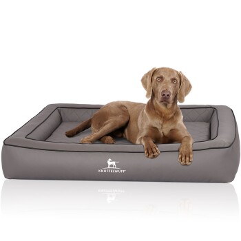Ein brauner Hund, der auf einem grauen, gepolsterten Hundebett mit Diamantmuster liegt, mit dem Logo "KNUFFELWUFF" auf der Vorderseite.