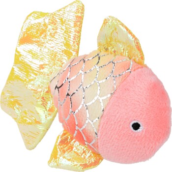 Pluche visspeeltje: roze pluizige kop, pastellichaam met zilveren schubpatroon en iriserende gele vinnen.
