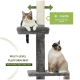 Zwei Katzen auf einem grauen mehrstöckigen Katzenbaum mit einem Sisalpfosten. Text: "MULTI-LEVEL PLATFORM/MAT" und "Φ: 9,6 CM dickere Pfosten."