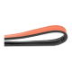 Nahaufnahme einer stilvollen Haustierleine mit einer lebhaften orangefarbenen Oberseite und einer schwarzen Unterseite, die ihr schlankes Design zeigt.