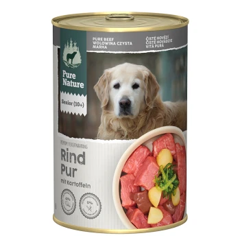 Dosenfutter für Hunde mit dem Etikett "Pure Nature Senior (10+)" mit reinem Rindfleisch und Kartoffeln, mit einem Foto eines Hundes auf dem Etikett.