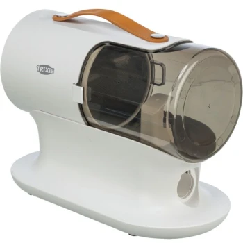 Trixie Haustier-Leckerlispender in Weiß mit einem transparenten Behälter und einem braunen Griff, entworfen für interaktives Füttern.