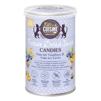 Friandises lyophilisées Kitty's Cuisine avec poulet, myrtilles et citrouille, sans gluten, friandises pour chat lyophilisées.