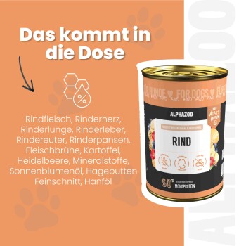Dosenfutter für Haustiere mit der Aufschrift 'Rinderschmaus Kartoffel & Heidelbeere', das 67 % Rindfleisch, keine Körner, mit Kartoffeln und Heidelbeeren von Alphazoo enthält.