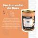 Dosenfutter für Haustiere mit der Aufschrift 'Rinderschmaus Kartoffel & Heidelbeere', das 67 % Rindfleisch, keine Körner, mit Kartoffeln und Heidelbeeren von Alphazoo enthält.