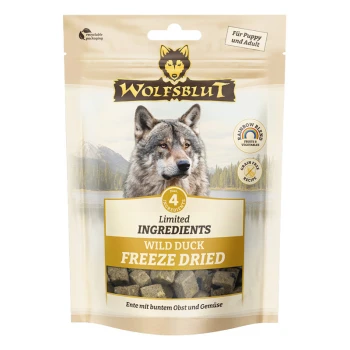 Wolfsblut Wild Duck gefriergetrocknetes Hundefutter mit begrenzten Zutaten, getreidefrei, Regenbogenmischung, für Welpen und Erwachsene.