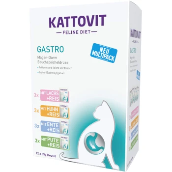 Kattovit Feline Diet Gastro Multipack, bestehend aus 12 x 85 g Beuteln mit Geschmacksrichtungen: Lachs, Huhn, Ente und Truthahn, entwickelt für die Verdauungsgesundheit.