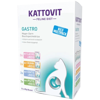 Kattovit Feline Diet Gastro Multipack, bestehend aus 12 x 85 g Beuteln mit Geschmacksrichtungen: Lachs, Huhn, Ente und Truthahn, entwickelt für die Verdauungsgesundheit.