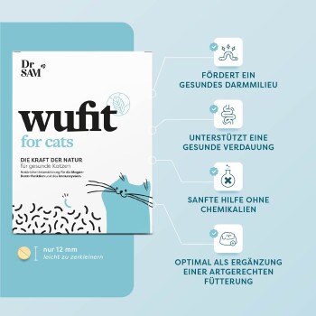 Verpackung für "wufit für Katzen" von Dr. SAM, mit Vorteilen wie Verdauungsunterstützung und natürlichen Zutaten, mit einer verspielten Katzenillustration.