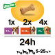 Biscrok-Hundeleckerlis mit einem knochenförmigen Keks, der Fütterungsempfehlungen zeigt: 1x für 5-9 kg Hunde, 2x für 10-24 kg und 4x für 25 kg+.