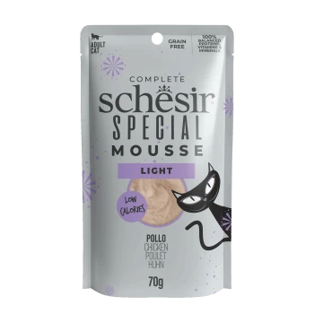 Schesir Special Mousse Light chicken flavor adult cat food pouch, grain free, low calories, 70g.