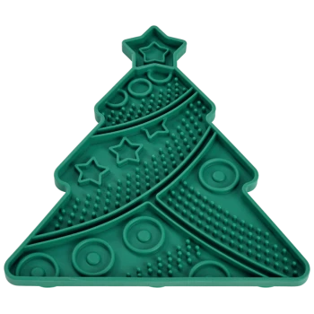 Bol distributeur lent en forme de sapin de Noël vert avec des motifs d'étoiles et de cercles.