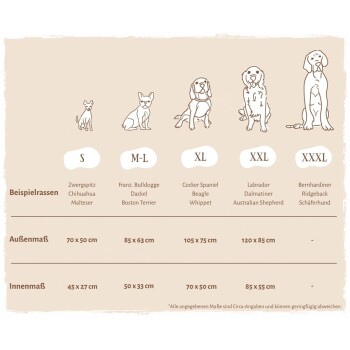 Bild von drei Hunden (Französische Bulldogge, Beagle, Golden Retriever) über einer Größentabelle für Haustierprodukte, die Maße auf Deutsch auflistet.