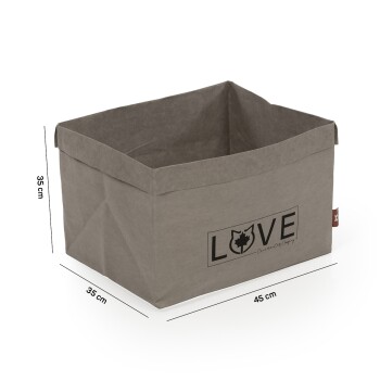 Grauer Haustieraufbewahrungskorb mit den Maßen 35 cm x 35 cm x 45 cm, mit dem Wort "LOVE" und einem Katzensilhouetten-Design.