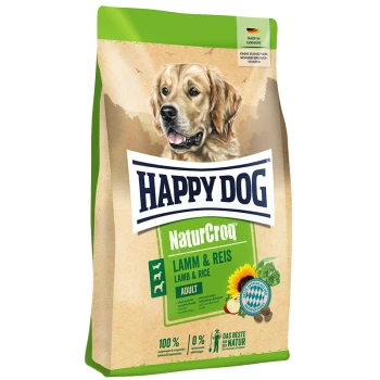 Happy Dog NaturCroq Hundefutterbeutel mit einem Golden Retriever auf der Vorderseite, beschriftet mit "Lamm & Reis" für Erwachsene.