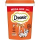 Oranger Behälter mit Dreamies Katzenleckerlis, beschriftet mit 'Mega Box 350g', mit einer verspielten Katzenillustration und Text über Hühnergeschmack und Vitamine.