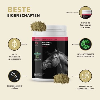 Behälter von "Atemweg Husten Pulver" für Pferde, der das Profil eines schwarzen Pferdes zeigt und 100% pflanzlich, ohne Zusatzstoffe hervorhebt.