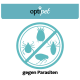 Logo von 'optipet' mit einer Grafik, die verschiedene Schädlinge (Milben, Zecken, Flöhe) durchgestrichen zeigt, und dem Text 'gegen Parasiten' darunter.