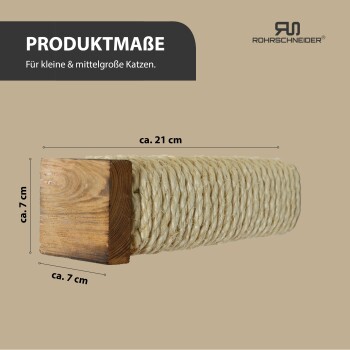 Holz- und Seil-Kratzbaum für kleine und mittelgroße Katzen, Maße ca. 21x7x7 cm, Rohrschnieder-Logo.