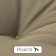 Nahaufnahme eines weichen, beigen Hundebetts mit tufted Design, gekennzeichnet mit "POINTER" und einer Silhouette eines Hundes.