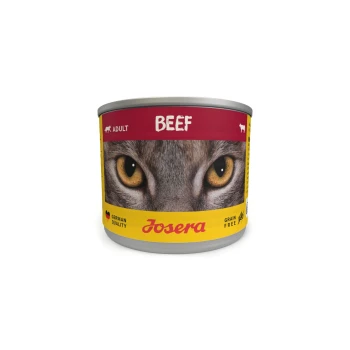 Sechs Dosen Josera Katzenfutter in einem gelben Tablett, beschriftet mit "Rind" und "Erwachsene", mit dem Gesicht einer Katze und den Logos "Deutsche Qualität" und "Getreidefrei".